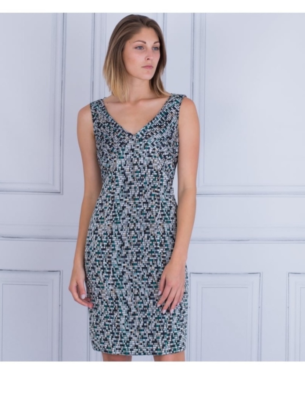 NWT Hugo Boss Distripy Jacquard Metallic Ponte Sheath Midi Dress Silver Green 10